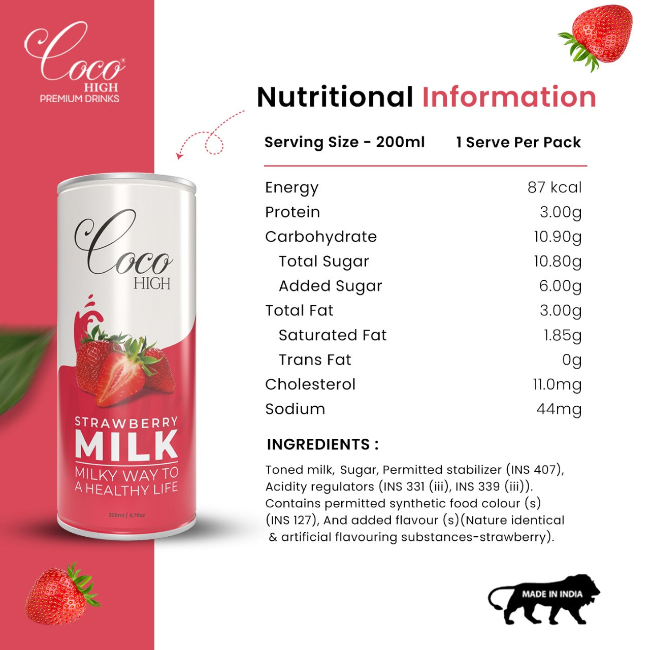 Strawberry Thick & Creamy Flavoured Milkshake 200ml | Enriched with Calcium & Vitamins | No Added Preservatives