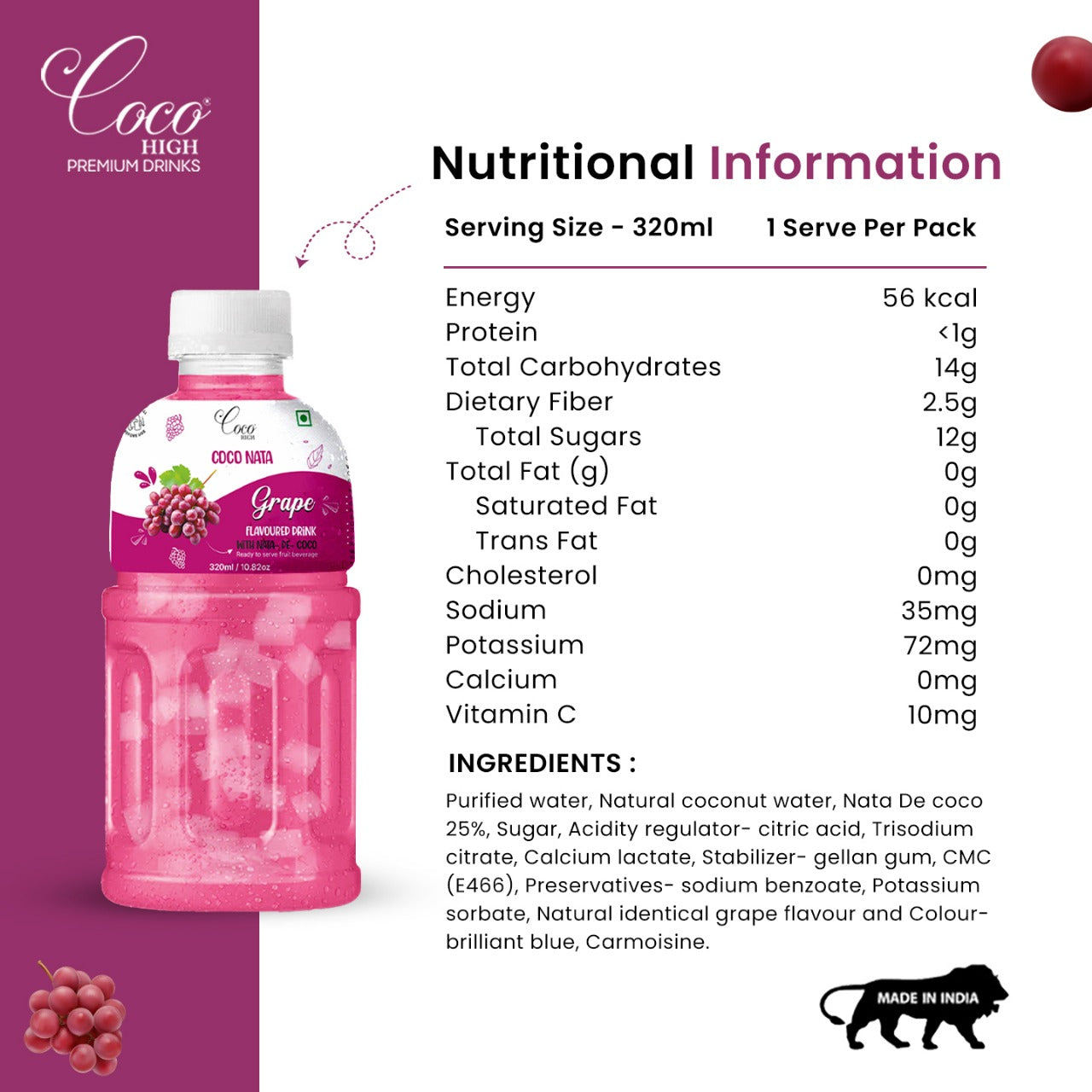 Grape Juice 25% with NATA De Coco 320 ml (Pack of 6)