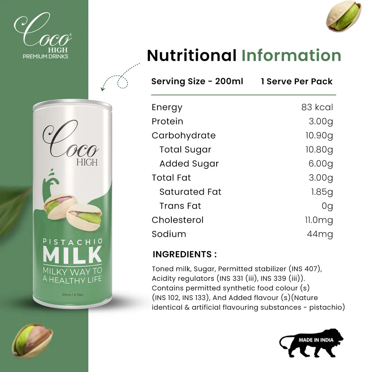 Pistachio Flavoured Milk Drink, No Preservatives 200ml
