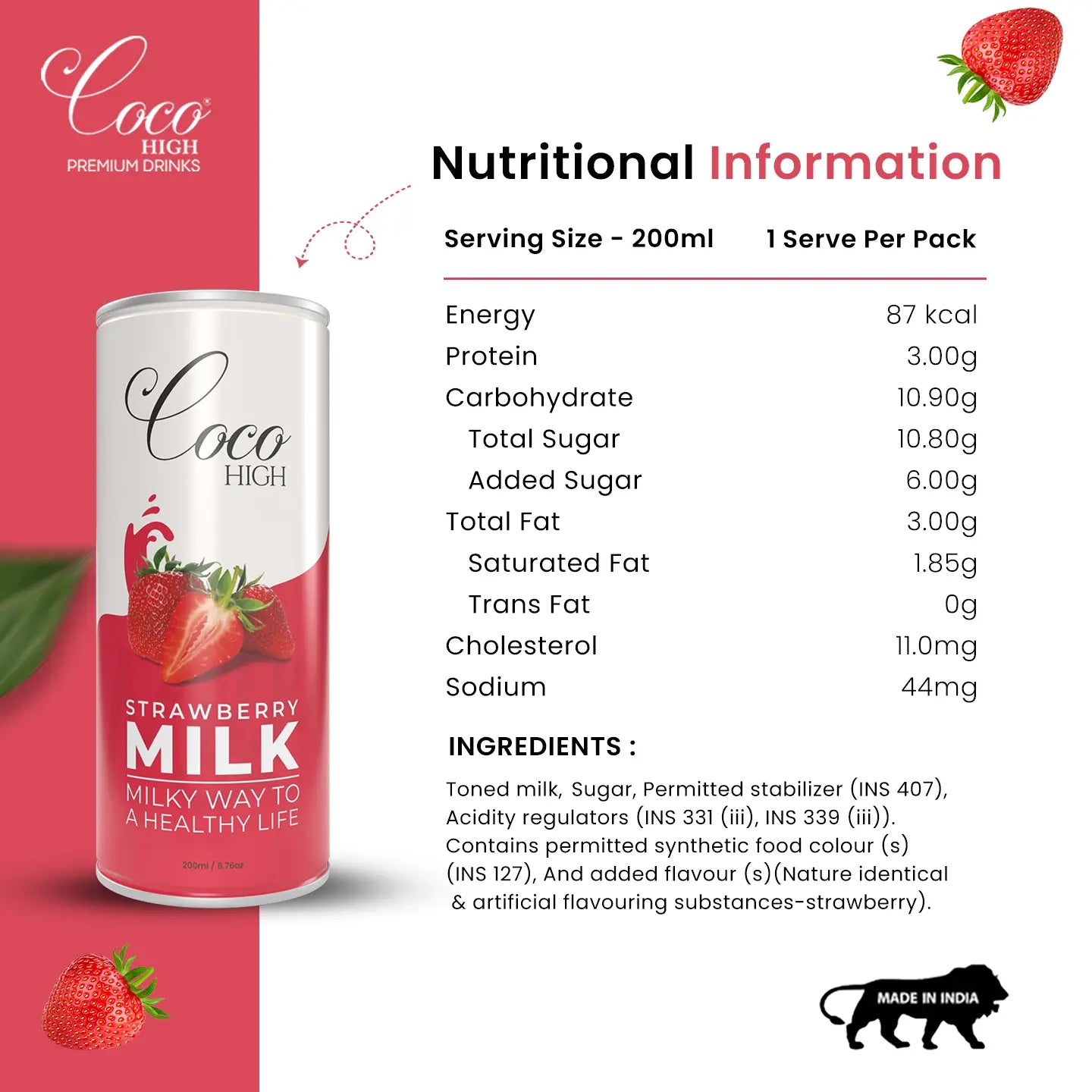 Strawberry Flavored Milk | No Added Preservatives (200ml)